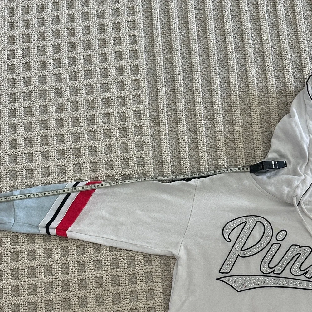 PINK Victoria's Secret White Hoodie with Colorful Sleeve Stripes - Picture 4 of 7